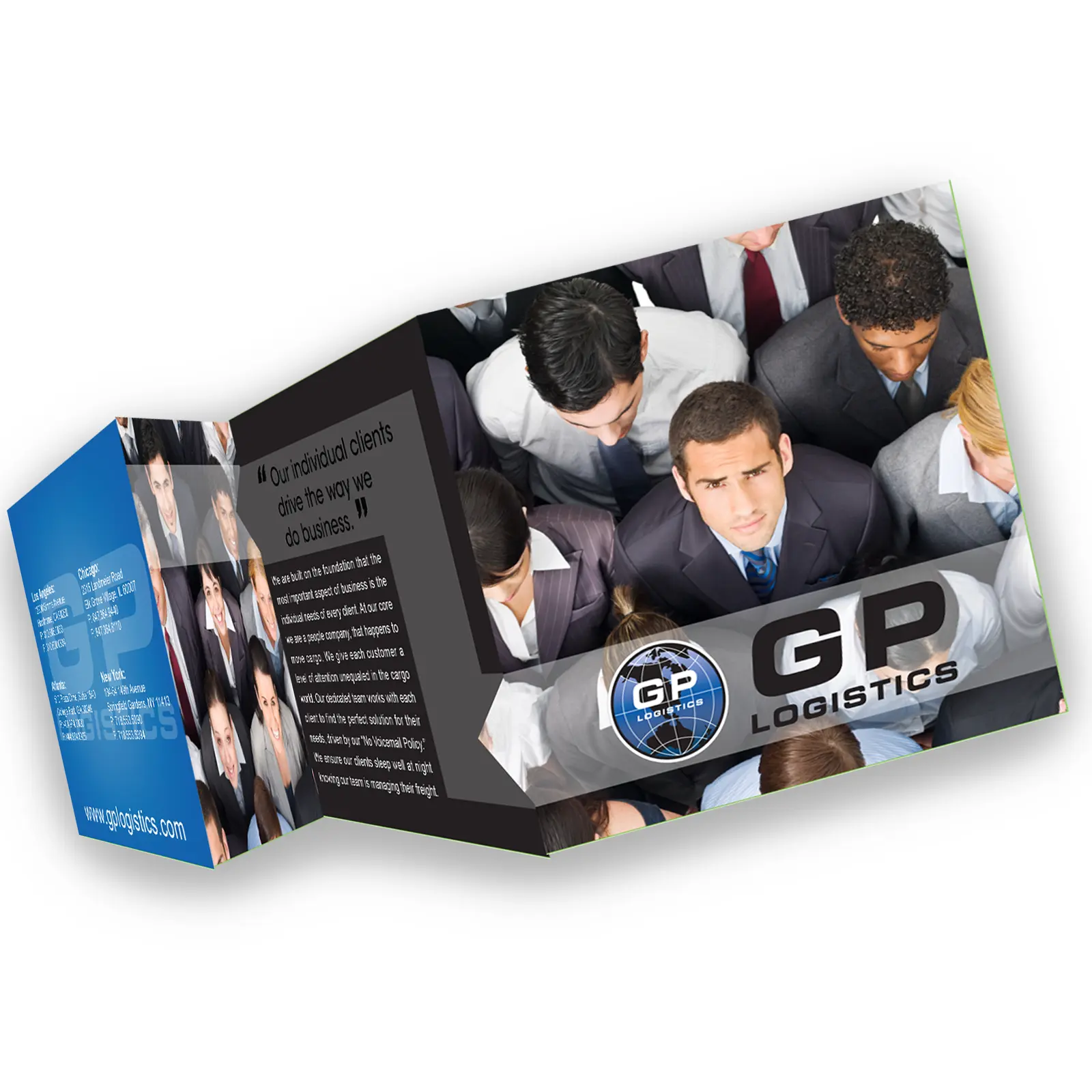 GP Logistics, a global logistics company, four panel promotional brochure